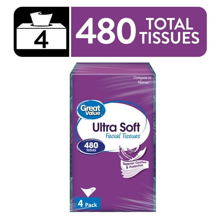 Great Value Ultra Soft Facial Tissues, 4 Flat Cartons, 120 Tissues per Flat, 3-Ply, Compare to Kleenex®