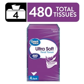 Great Value Ultra Soft Facial Tissues, 4 Flat Cartons, 120 Tissues per Carton, 3-Ply, Compare to Kleenex®