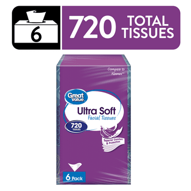 Great Value Ultra Soft Facial Tissues, 6 Flat Cartons, 120 Tissues per Flat, 3-Ply, Compare to Kleenex®