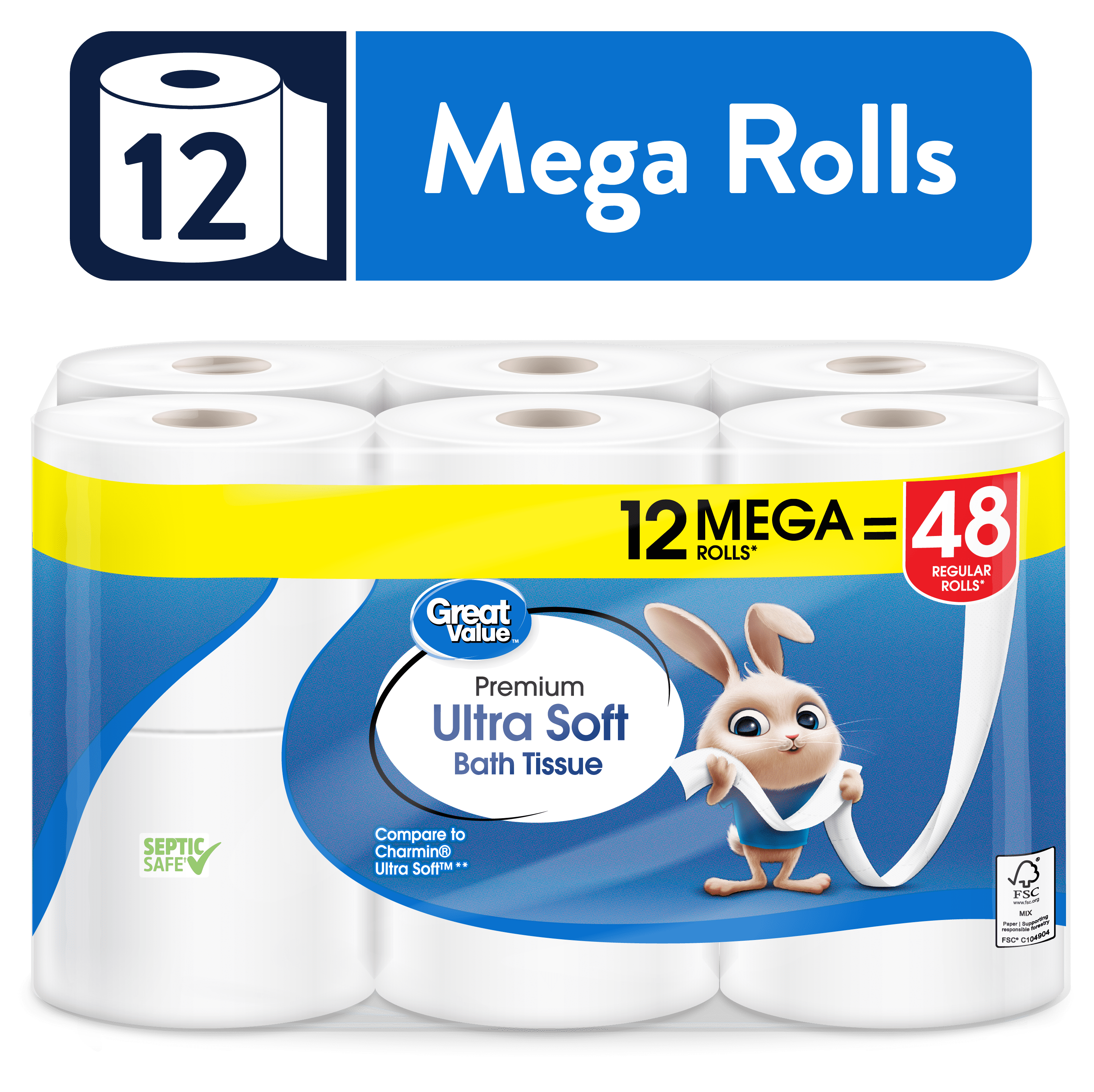 Great Value Ultra Soft Toilet Paper, 12 Mega Rolls