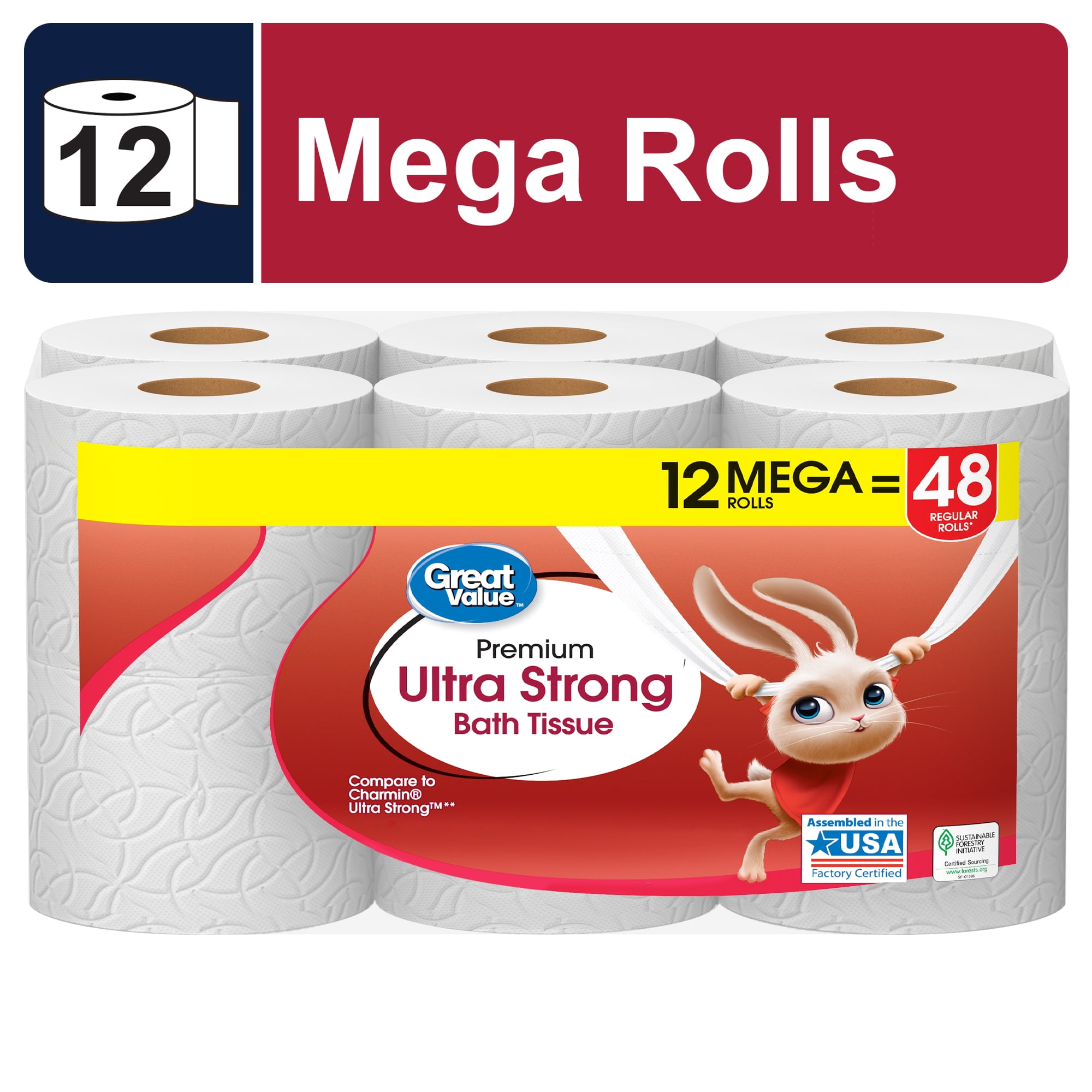 Great Value Ultra Strong 2-Ply Toilet Paper, 12 Mega Rolls, Compare to Charmin Ultra Strong