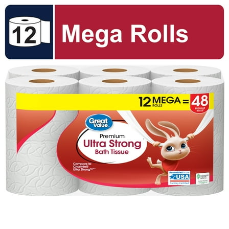 Great Value Ultra Strong 2-Ply Toilet Paper, 12 Mega Rolls, Compare to Charmin® Ultra Strong™