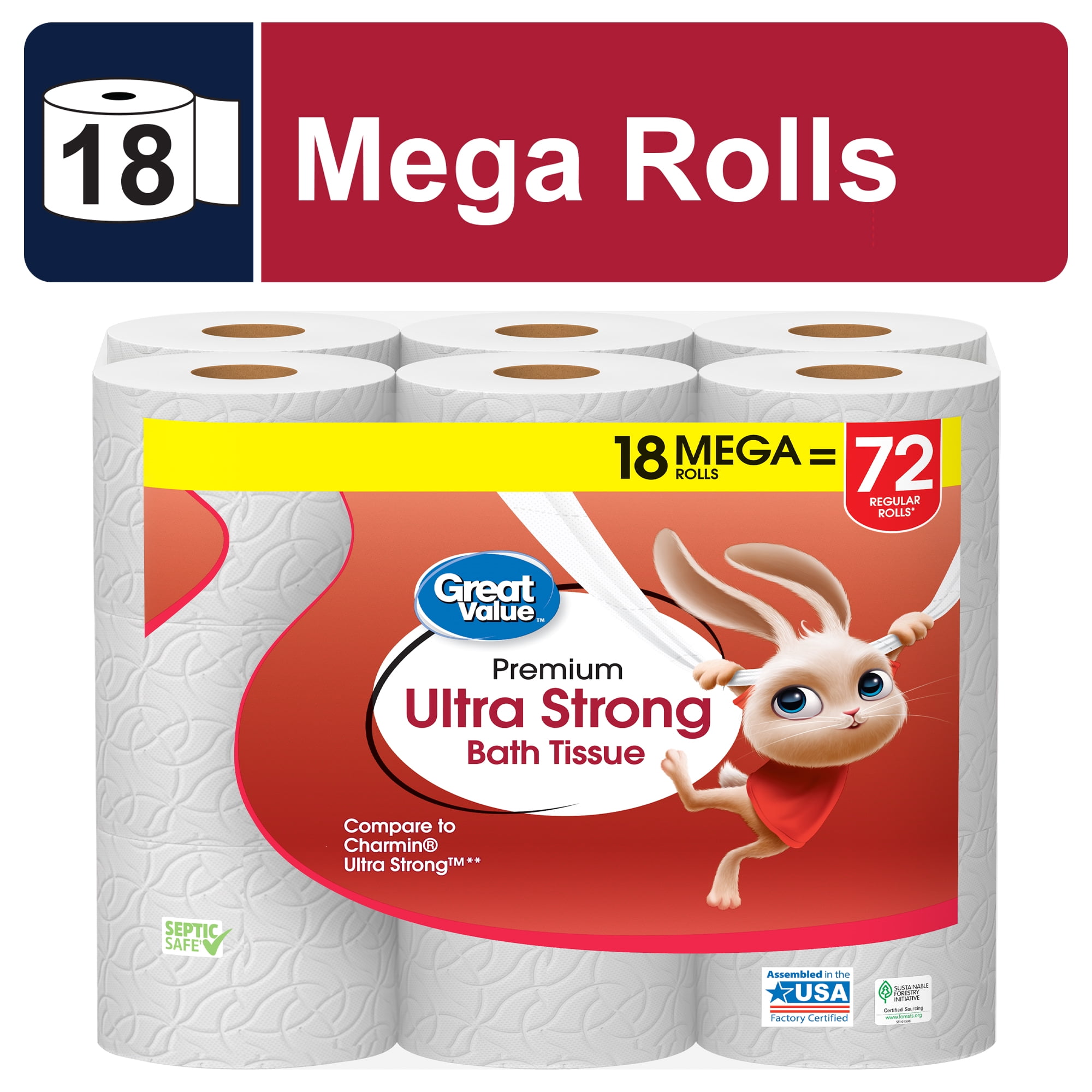 Great Value Ultra Strong 2-Ply Toilet Paper, 18 Mega Rolls, Compare to Charmin Ultra Strong