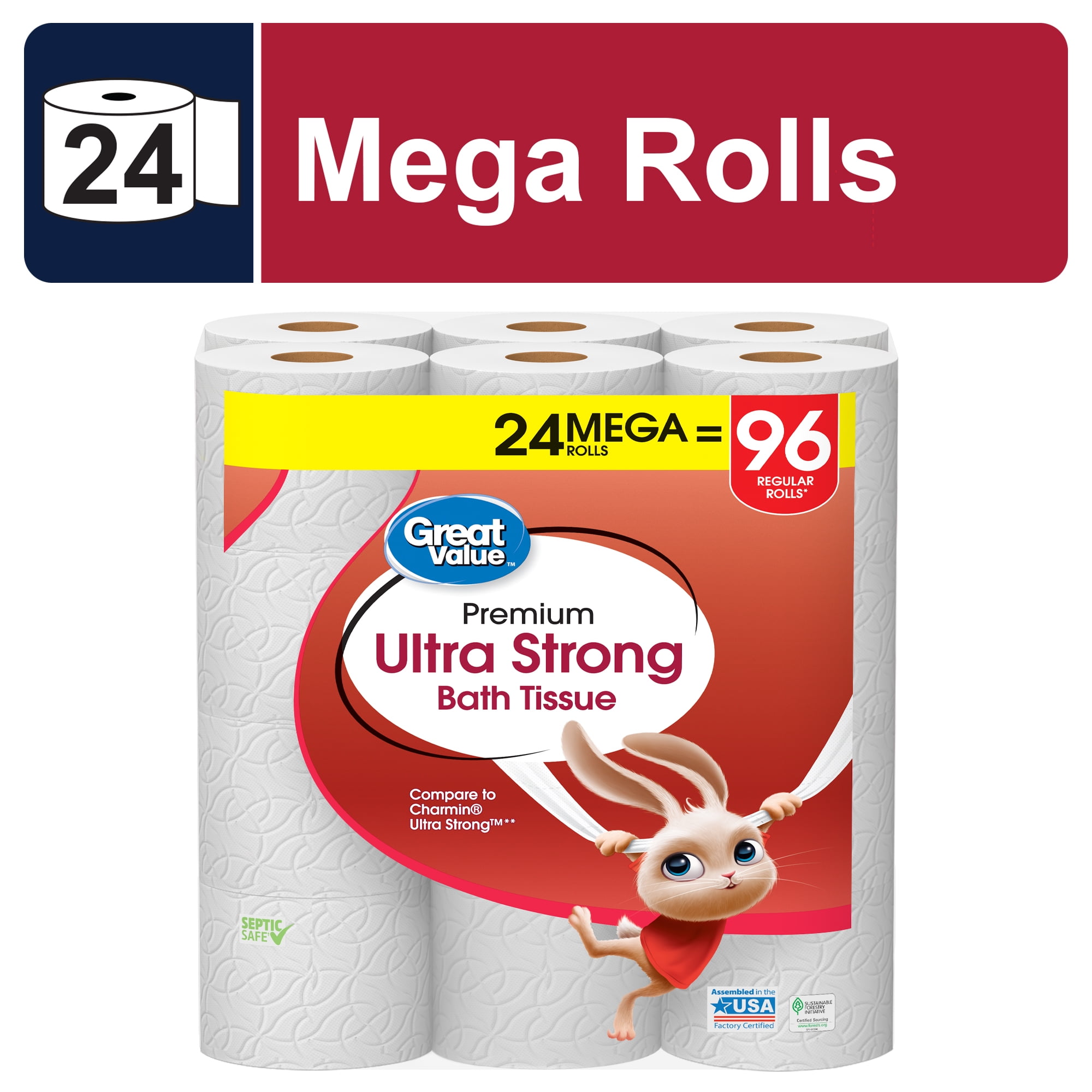 Great Value Ultra Strong 2-Ply Toilet Paper, 24 Mega Rolls, Compare to Charmin Ultra Strong