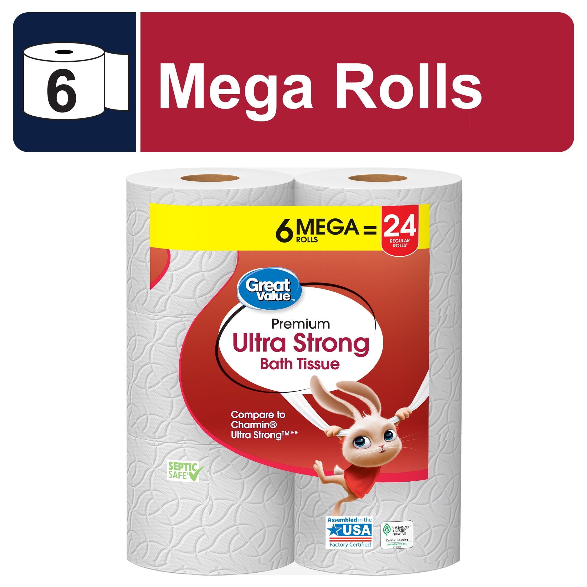 Great Value Ultra Strong 2-Ply Toilet Paper, 6 Mega Rolls, Compare to Charmin Ultra Strong