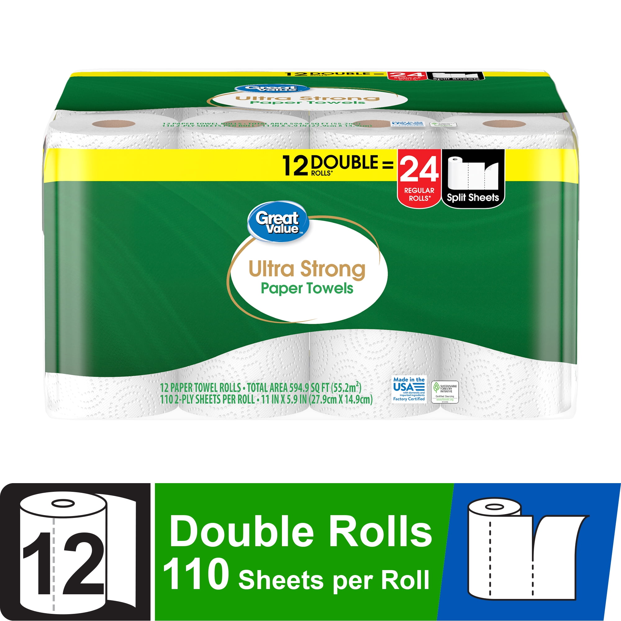 Great Value Ultra Strong Paper Towels, White, 12 Double Rolls
