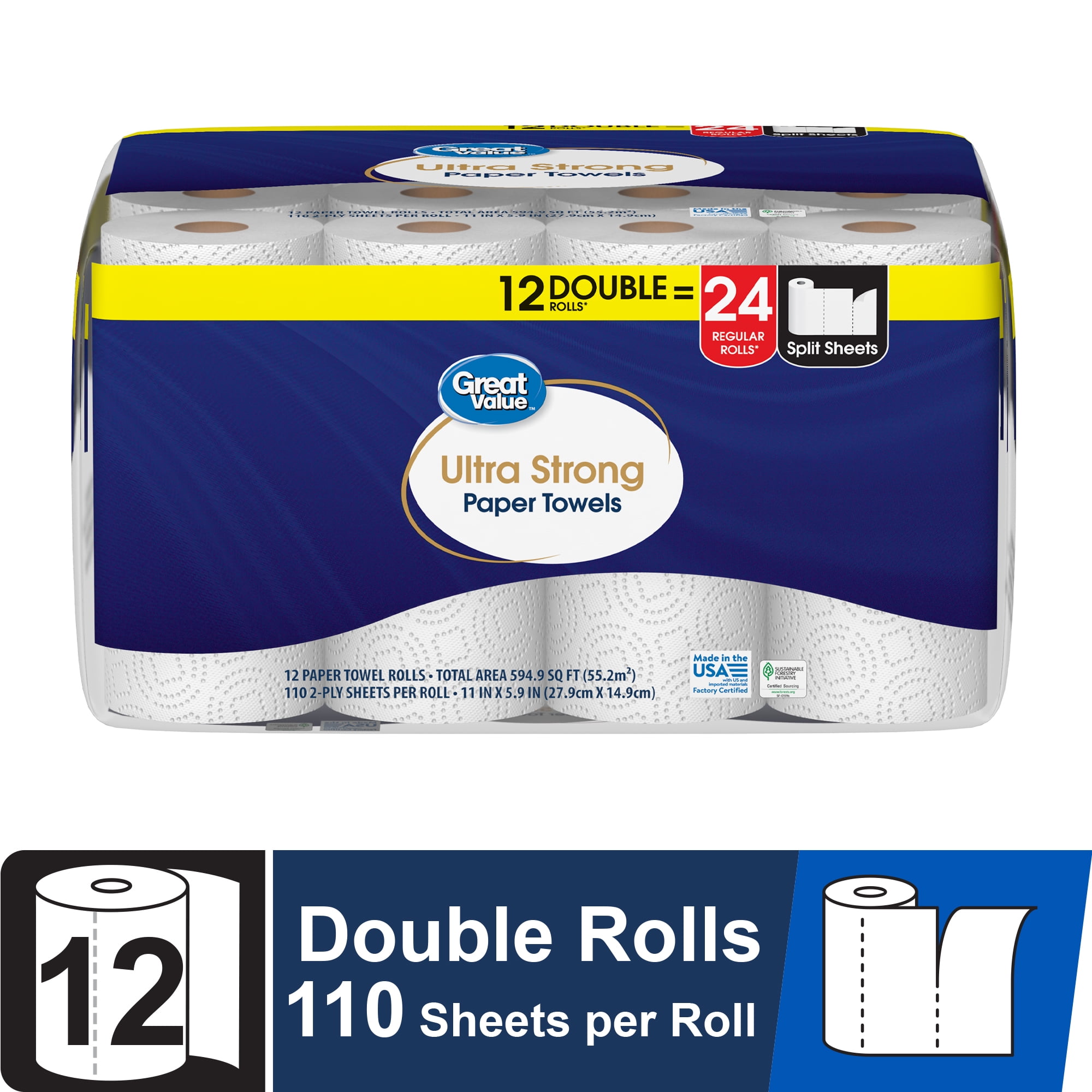 Great Value Ultra Strong Paper Towels, 12 Double Rolls