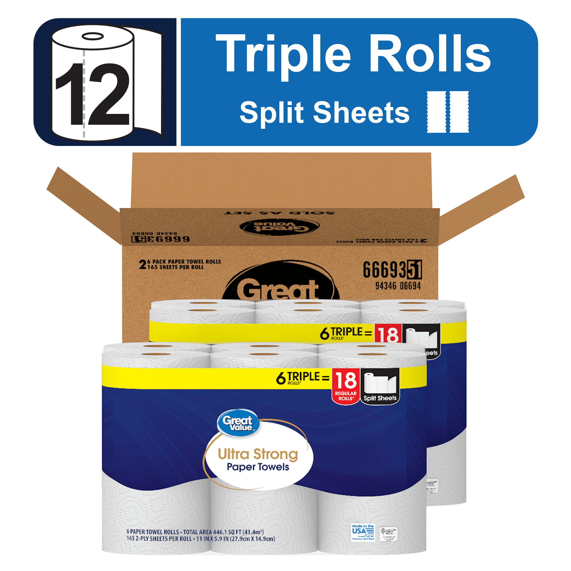 Great Value Ultra Strong Paper Towels, 12 Triple Rolls