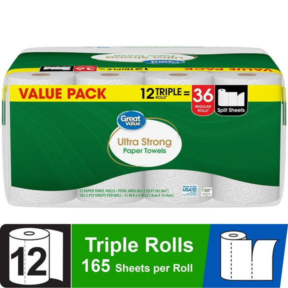 Great Value Ultra Strong Paper Towels, 12 Triple Rolls