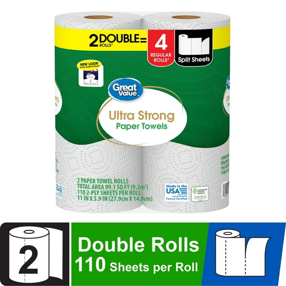 Great Value Ultra Strong Paper Towels, White, 2 Double Rolls