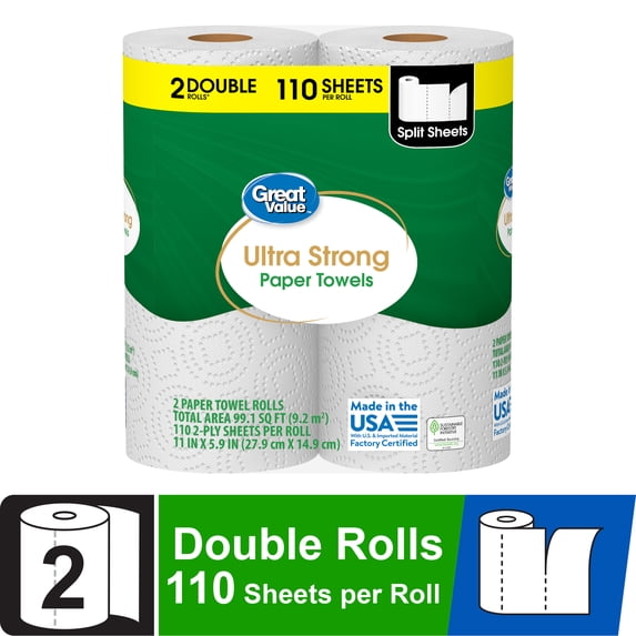 Great Value Ultra Strong Paper Towels, White, 2 Double Rolls