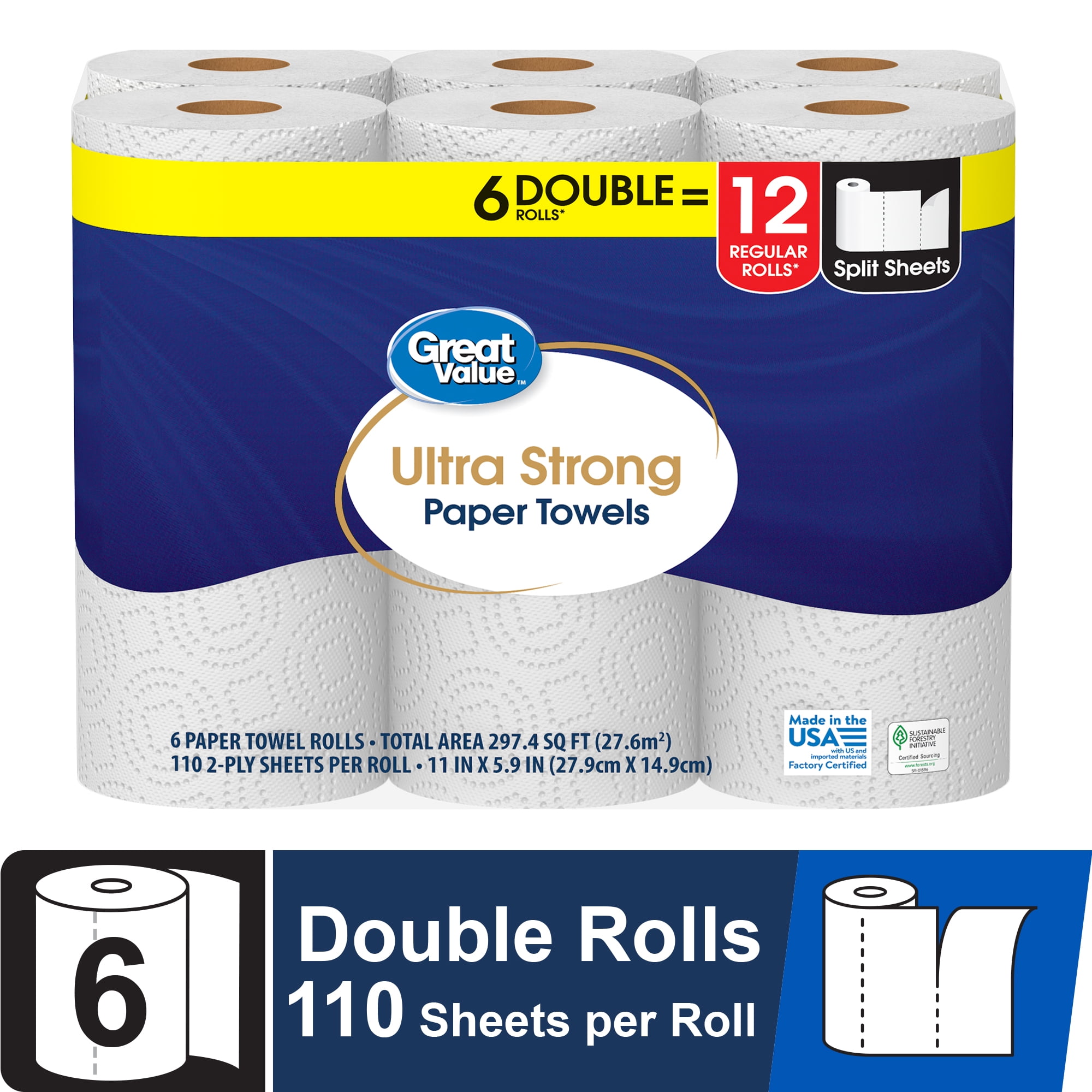 Great Value Ultra Strong Paper Towels, 6 Double Rolls