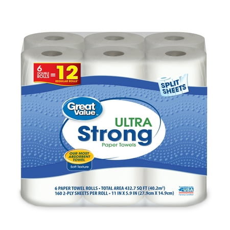 Great Value Ultra Strong Paper Towels, Split Sheet, 6 Double Rolls