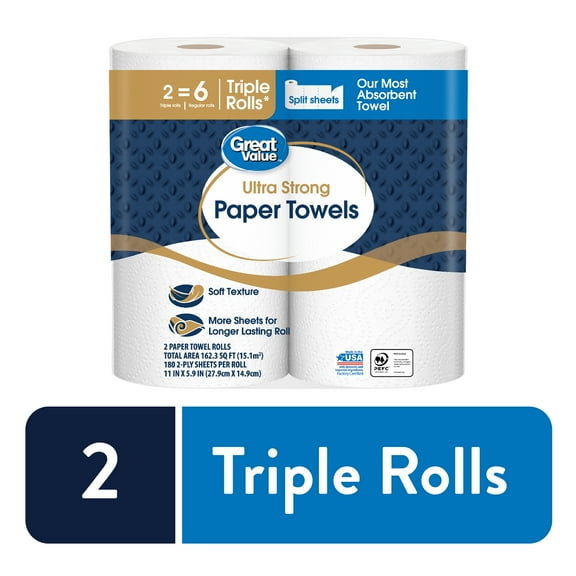 Great Value Ultra Strong Paper Towels, Split Sheets, 2 Triple Rolls