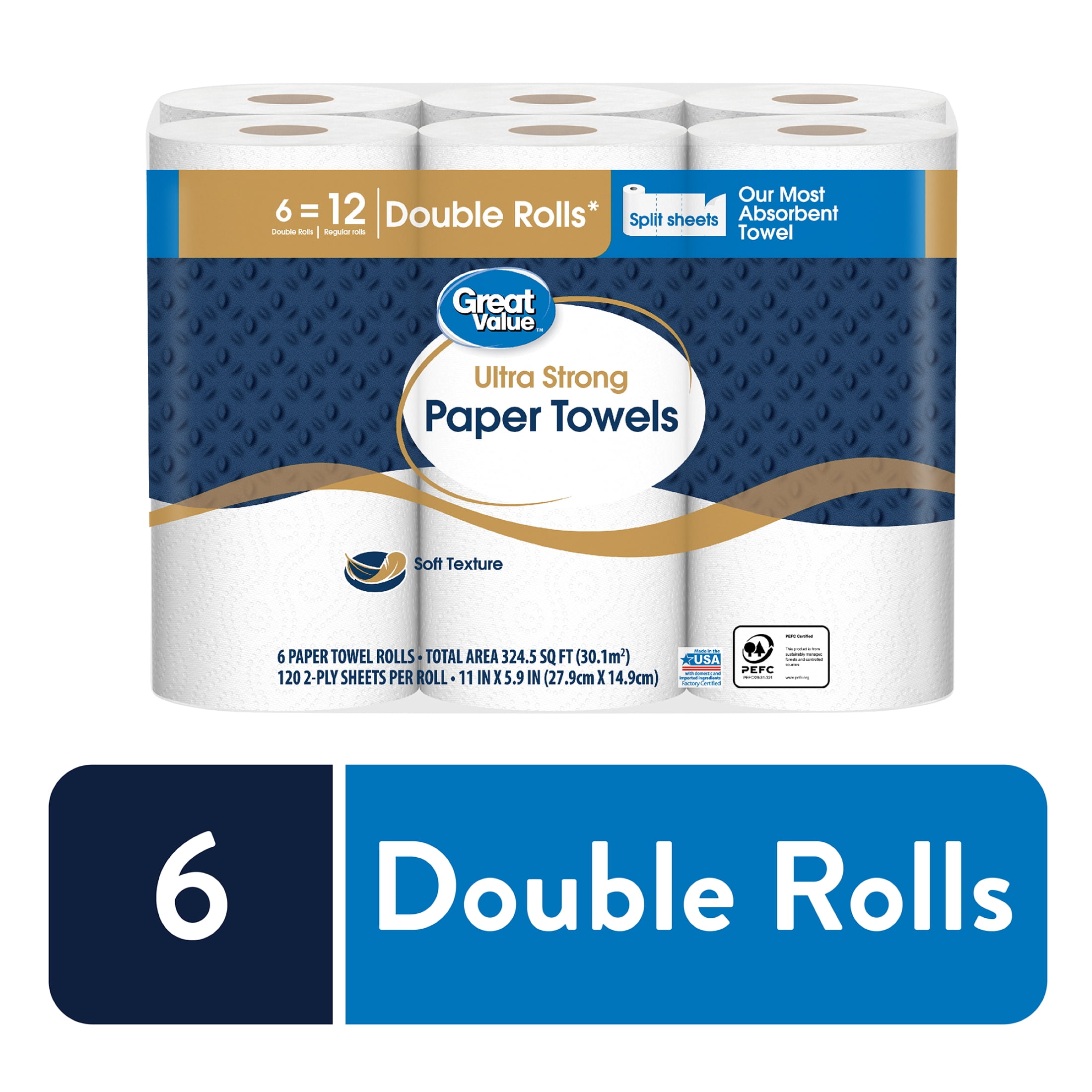 (6 pack) Great Value Ultra Strong Paper Towels, Split Sheets, 6 Double