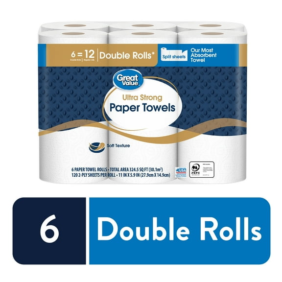 Great Value Ultra Strong Paper Towels, Split Sheets, 6 Double Rolls