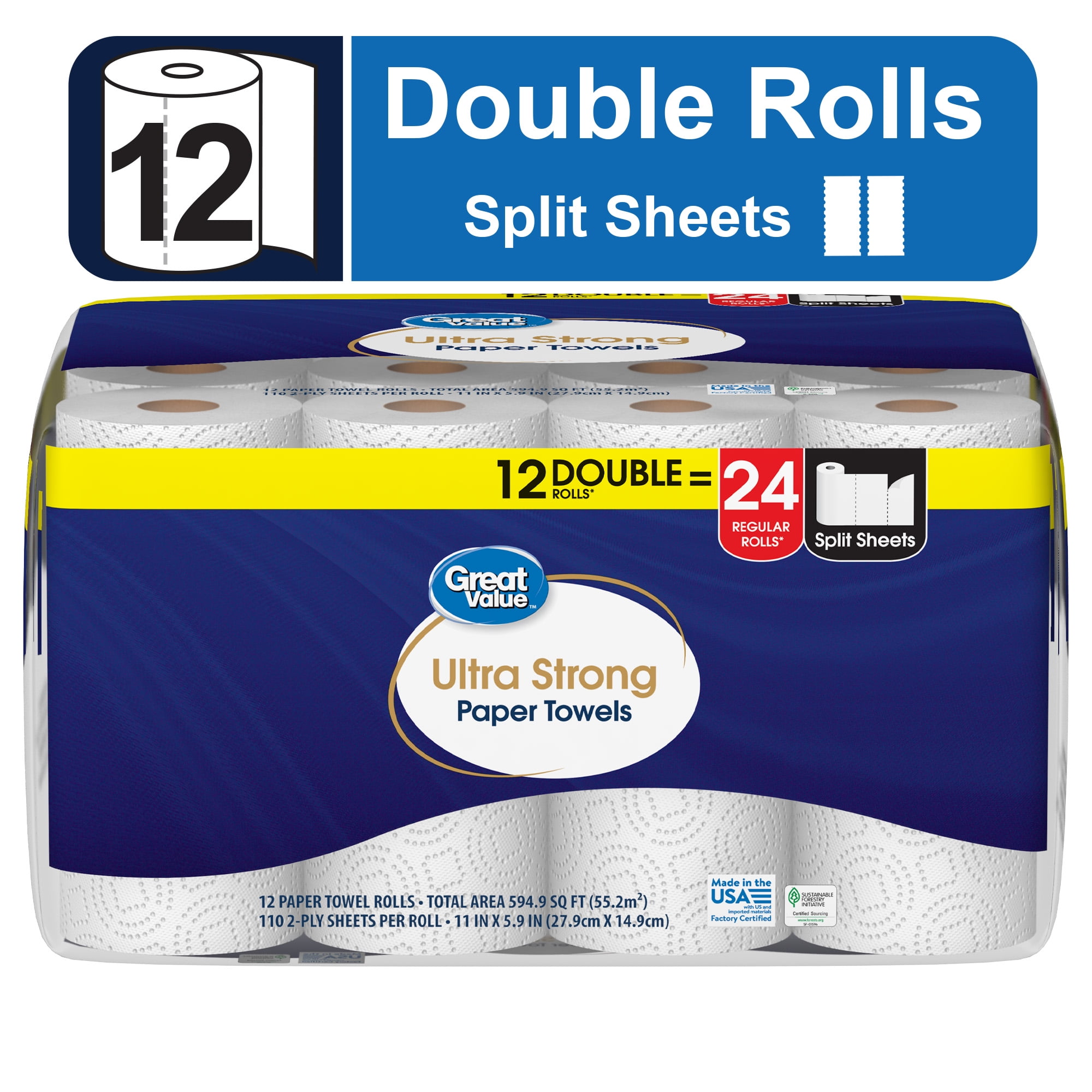 Great Value Ultra Strong Paper Towels, White, 12 Double Rolls