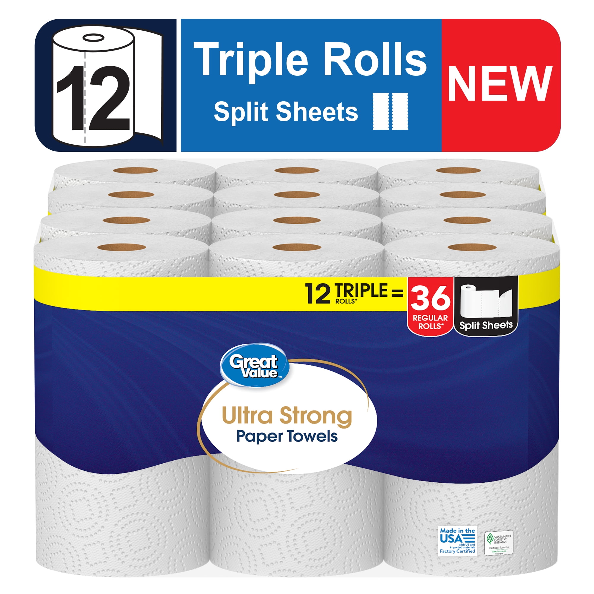 Great Value Ultra Strong Paper Towels, White, 12 Triple Rolls - Walmart.com