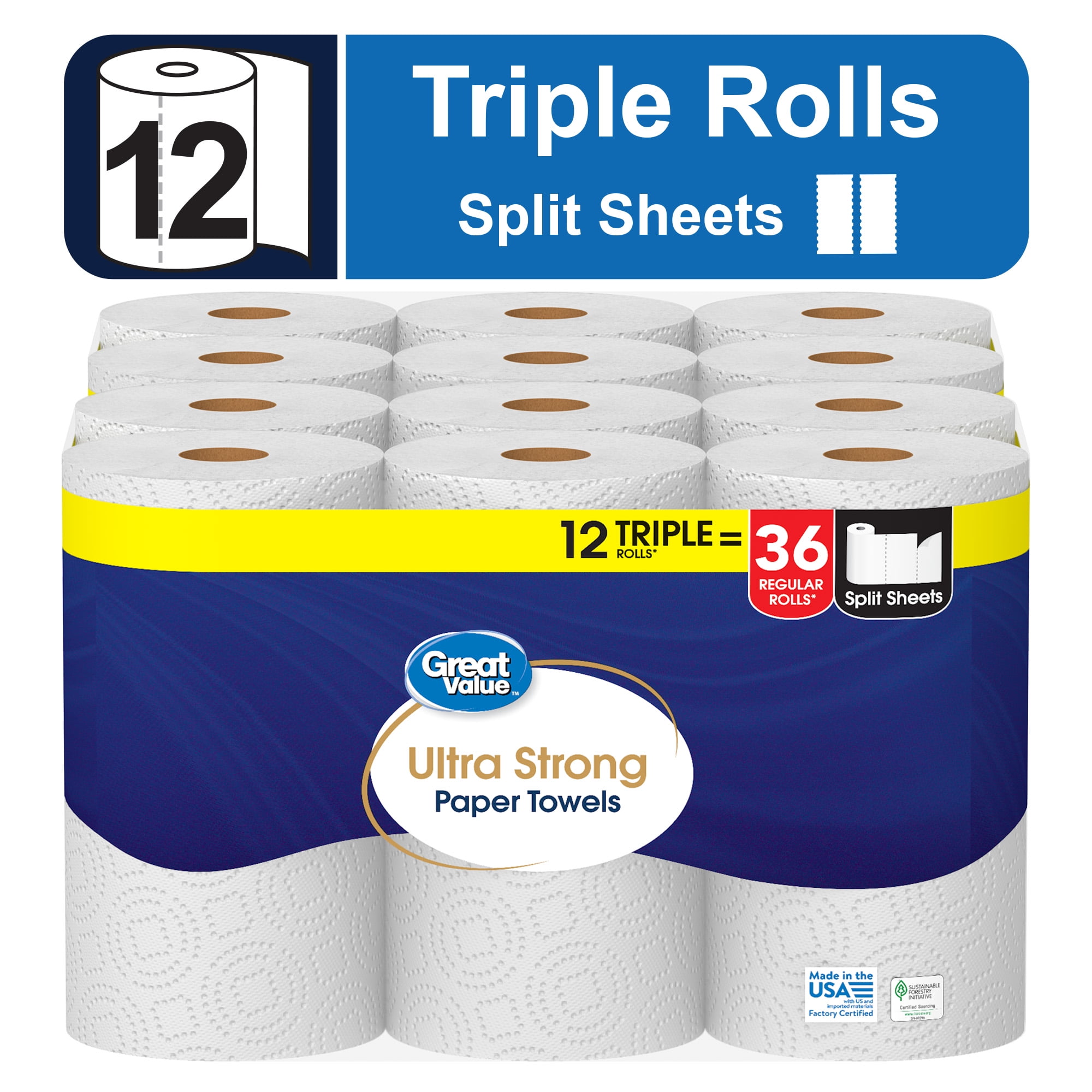 Great Value Ultra Strong Paper Towels, White, 12 Triple Rolls
