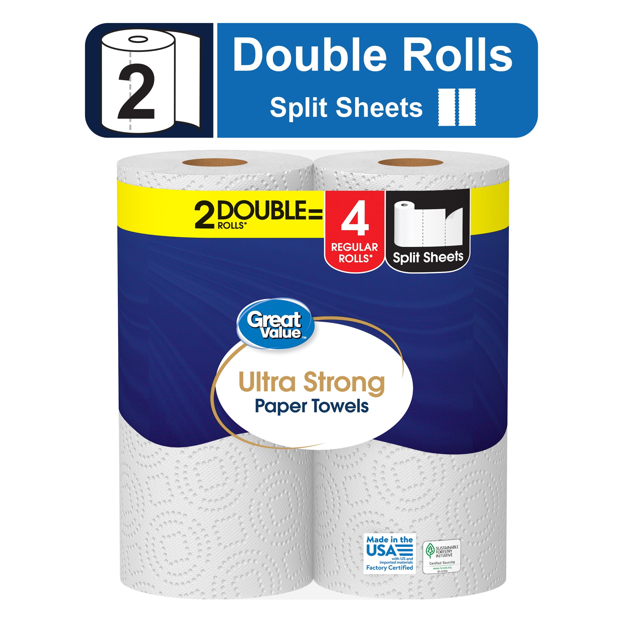 Great Value Ultra Strong Paper Towels, White, 2 Double Rolls