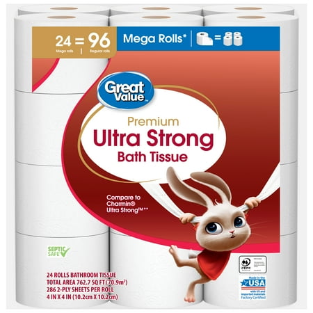 Great Value Ultra Strong Premium Toilet Paper, 24 Mega Rolls