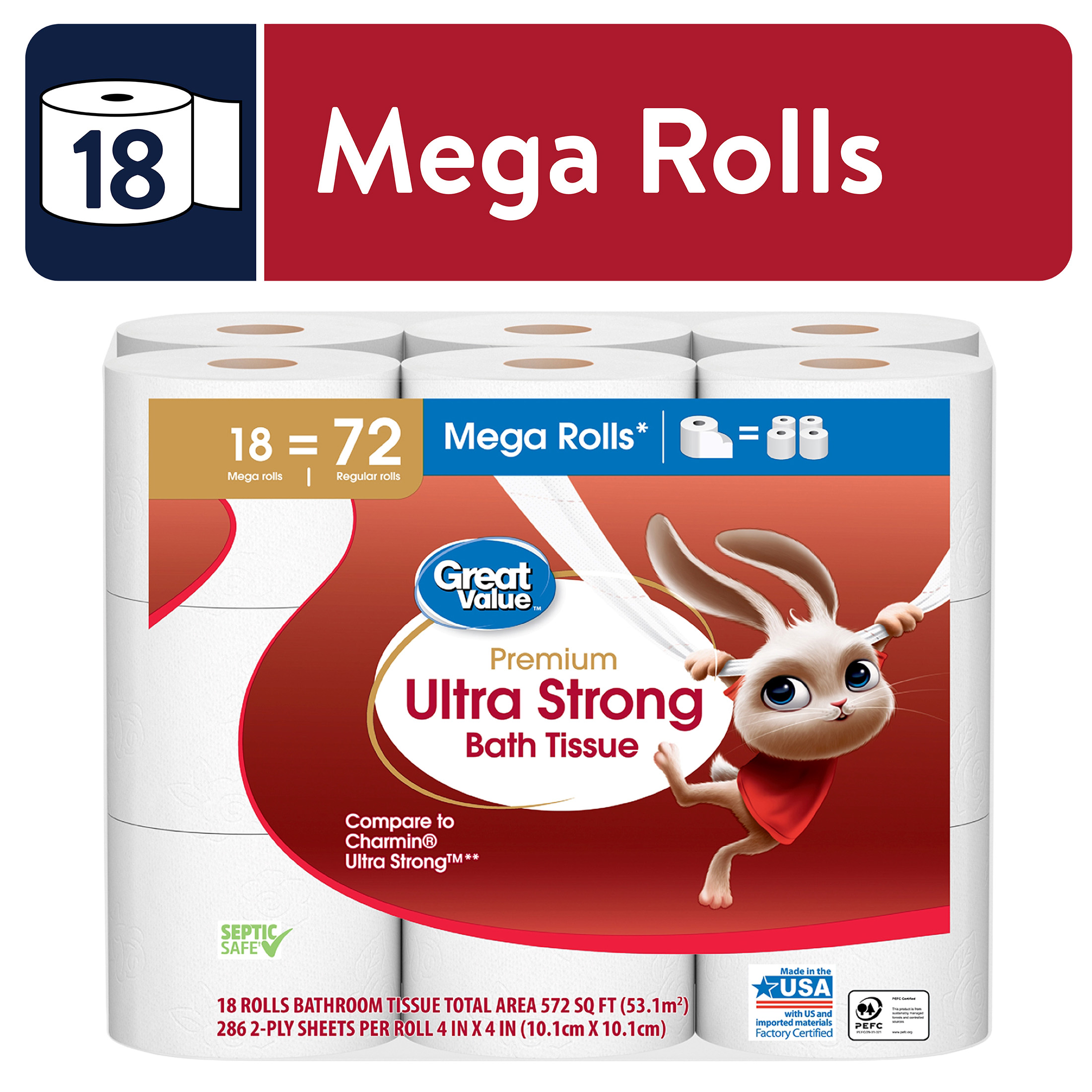 Great Value Ultra Strong Toilet Paper, 18 Mega Rolls - image 1 of 10