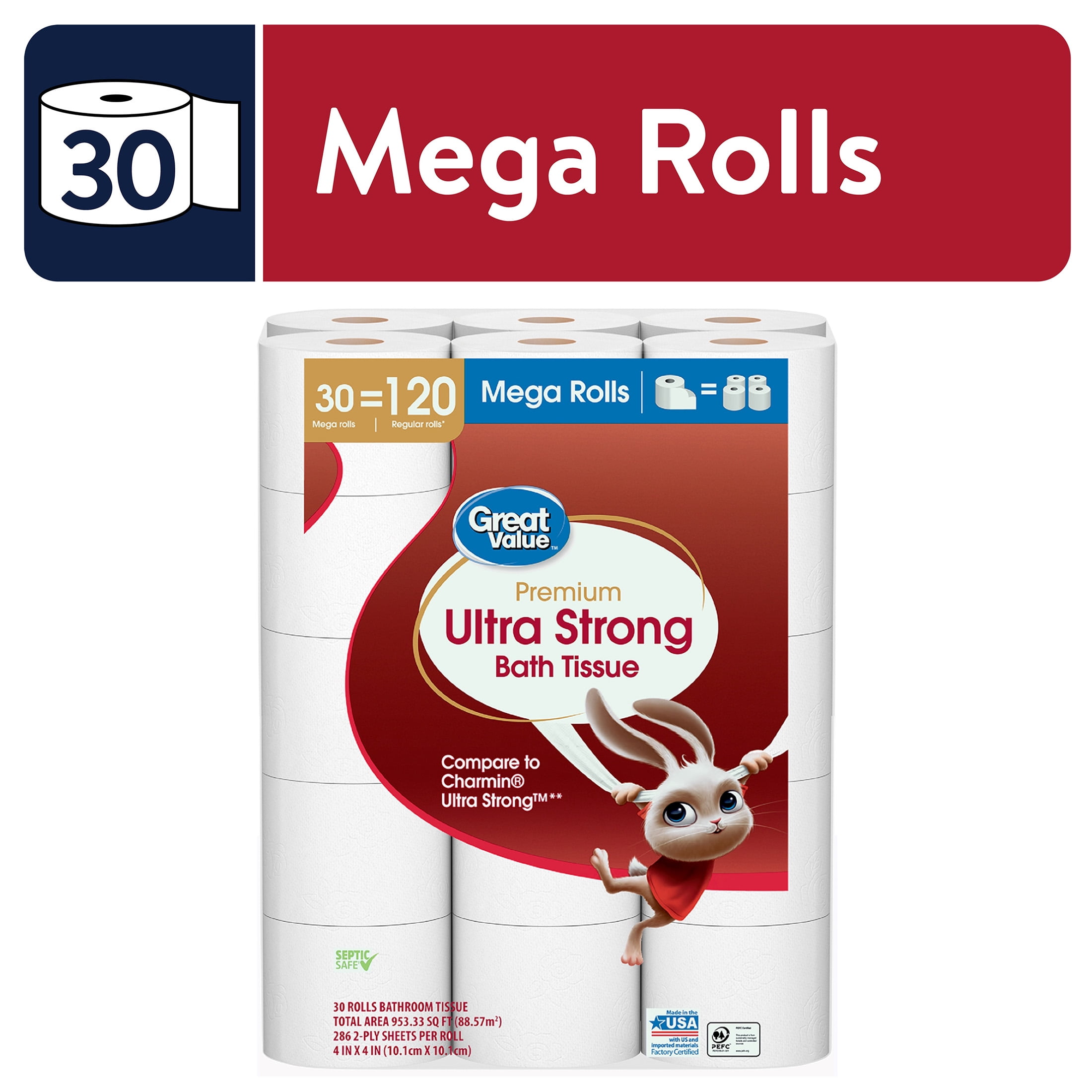 Great Value Ultra Strong Toilet Paper, 30 Mega Rolls