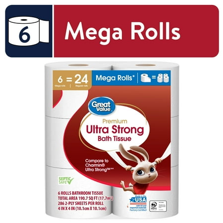 Great Value Ultra Strong Toilet Paper, 6 Mega Rolls