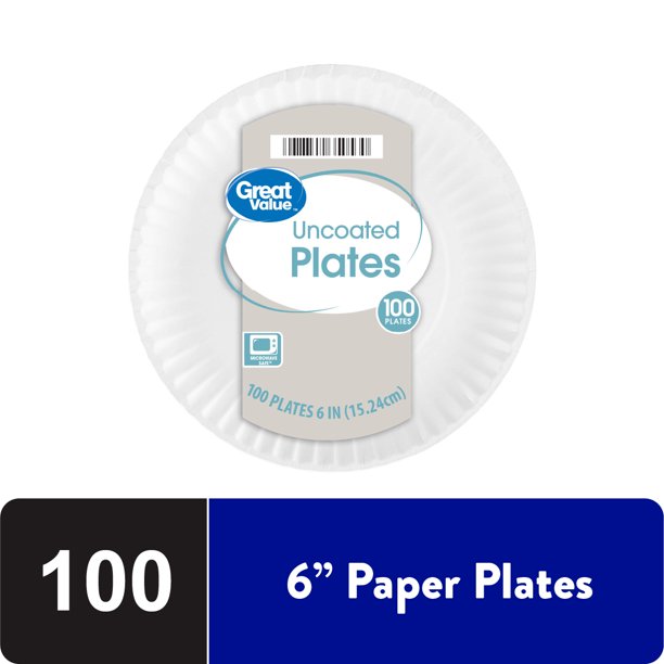 Great Value Uncoated Disposable Paper Plates, 6in, 100ct