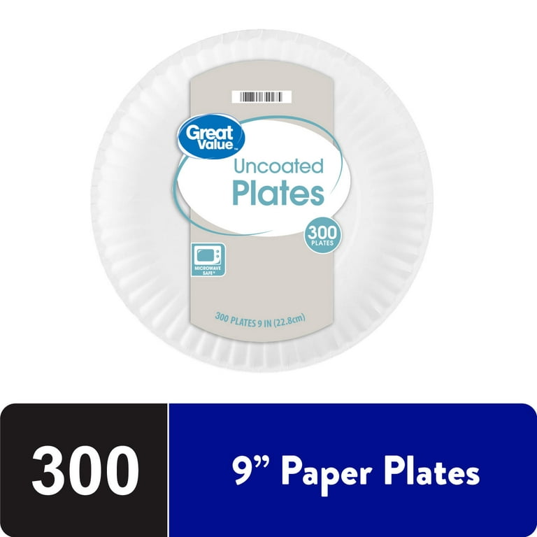 Great Value Uncoated, Microwave Safe, Disposable Paper Plates, 9, White, 300  Count 