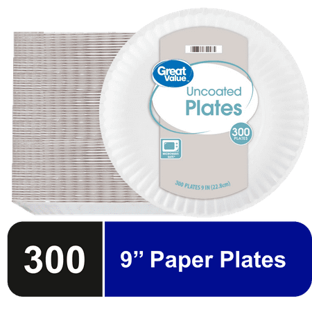 Great Value Uncoated, Microwave Safe, Disposable Paper Plates, 9 in, White, 300 Count