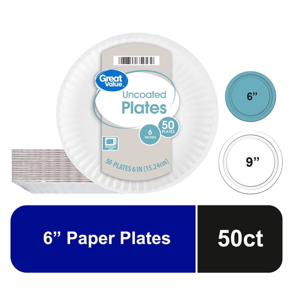 Great Value Uncoated Round Paper Plates, 6 inch, White, 50 Count