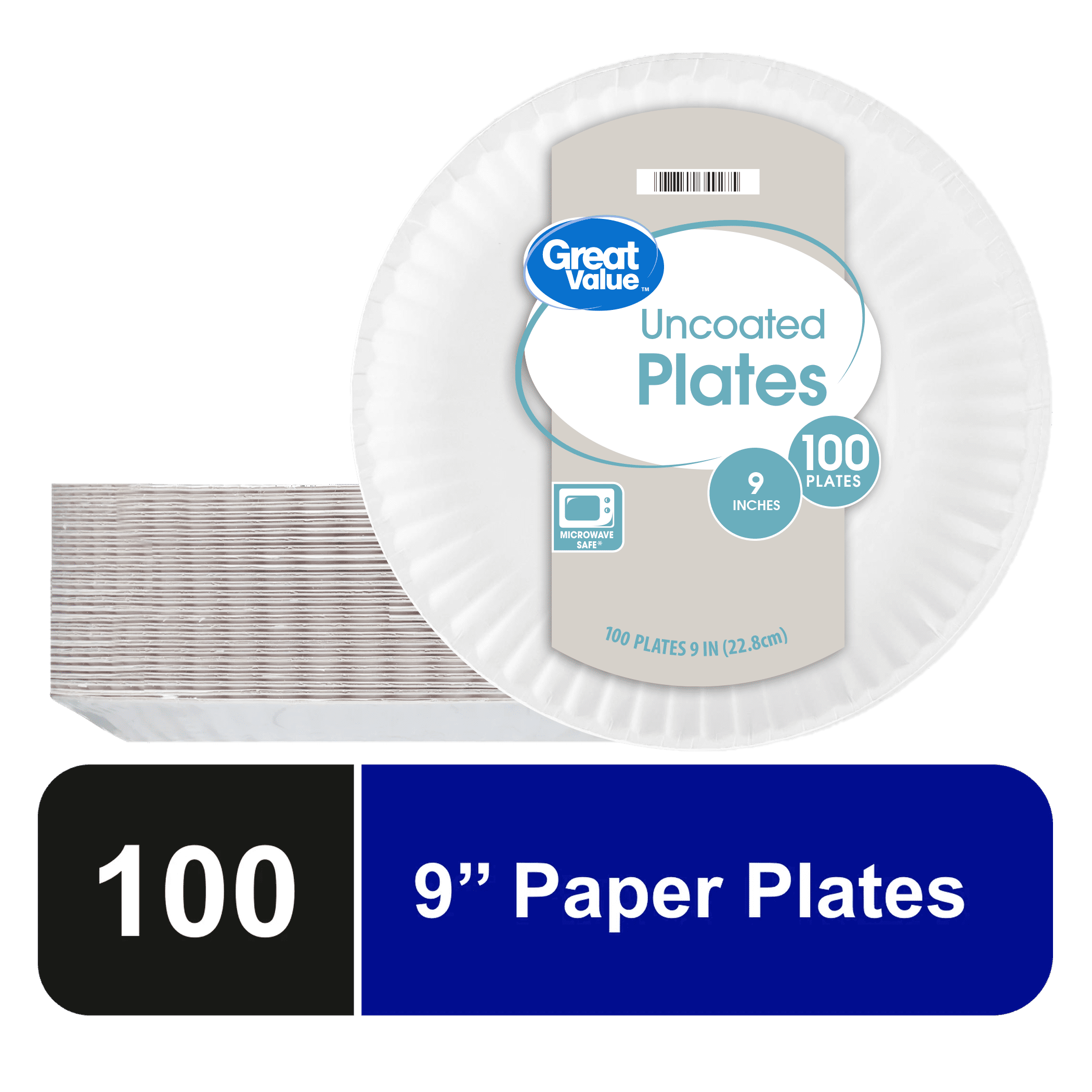 Great Value Uncoated Paper Plates, 9in, 100 Count