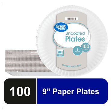 Great Value Uncoated Paper Plates, 9 Inch, White, 100 Count