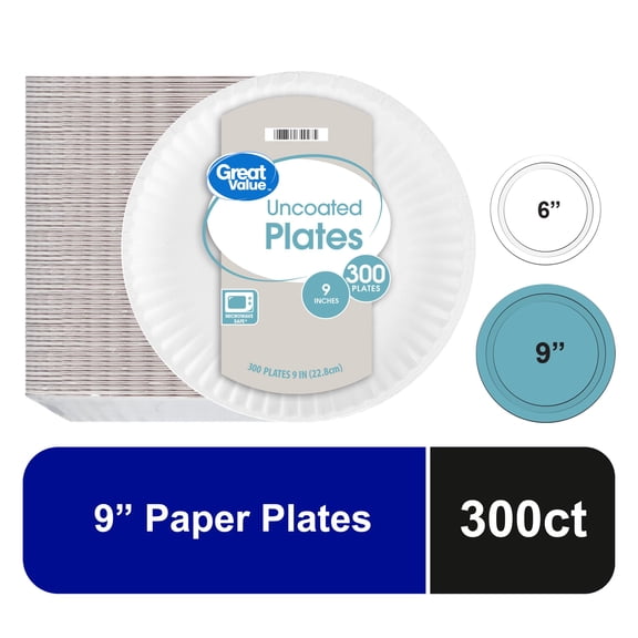Great Value Uncoated Paper Plates, 9 Inch, White, 300 Count