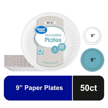 Great Value Uncoated Round Paper Plates, 9 inch, 50 count
