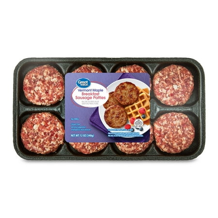 Great Value Frozen Uncooked Vermont Maple Syrup Breakfast Pork Sausage Patties, 12 oz Package