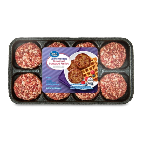 Great Value Frozen Uncooked Vermont Maple Syrup Breakfast Pork Sausage Patties, 12 oz Package