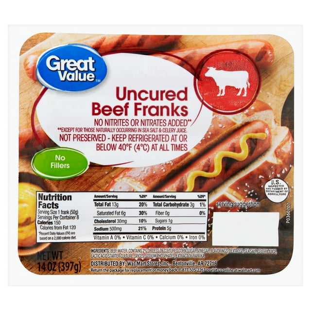 Great Value Uncured Beef Franks, 14oz