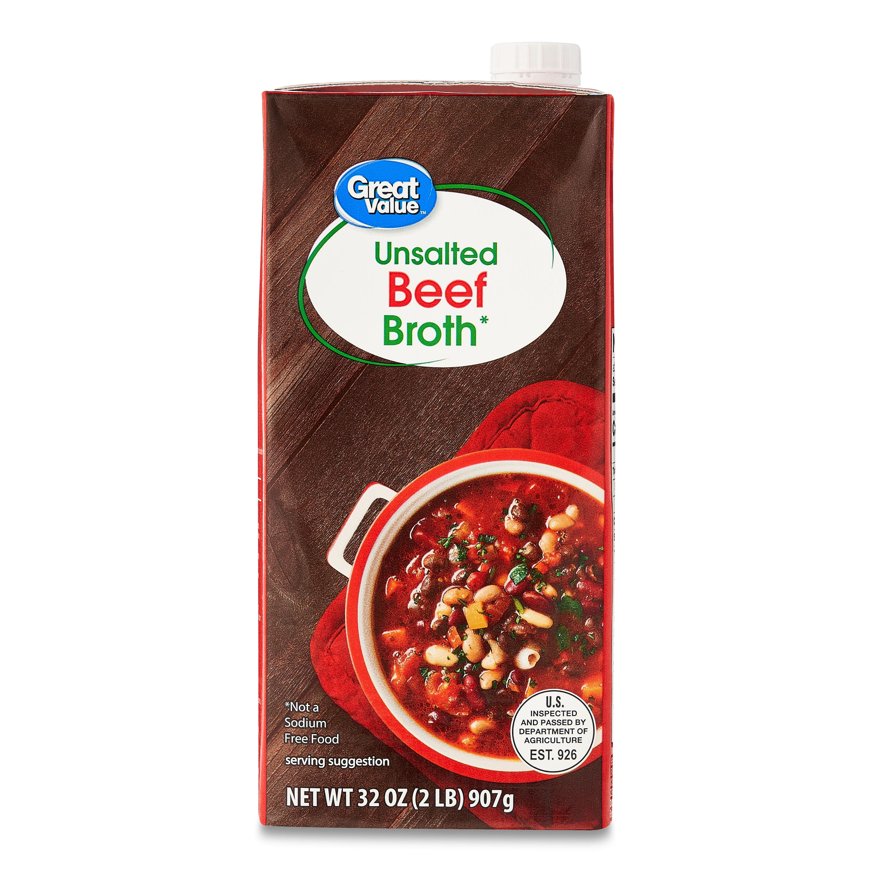 Great Value Unsalted Beef Broth, 32 oz Carton, Shelf-Stable/Ambient, Gluten-Free