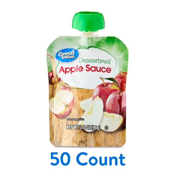 Great Value Unsweetened Apple Sauce Pouches, 3.2 oz Pouch, 50 Count
