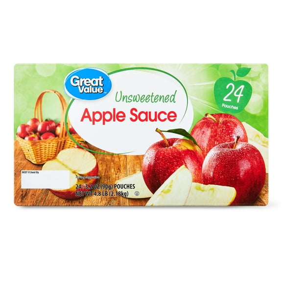 Great Value Unsweetened Applesauce, 3.2 oz, 24 Pouches