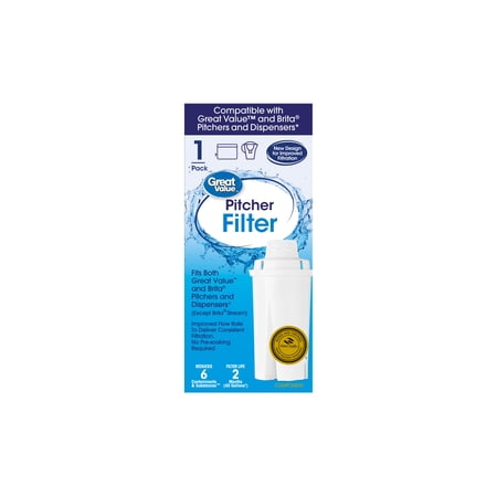Great Value Water Filter, Fits Great Value & Brita Pitchers, Replacement Filter 1 Count