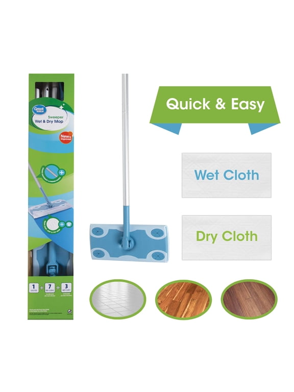 Wet & Dry Mop Sweeper Kit, (1 Mop Kit, 10 Pad Refills)