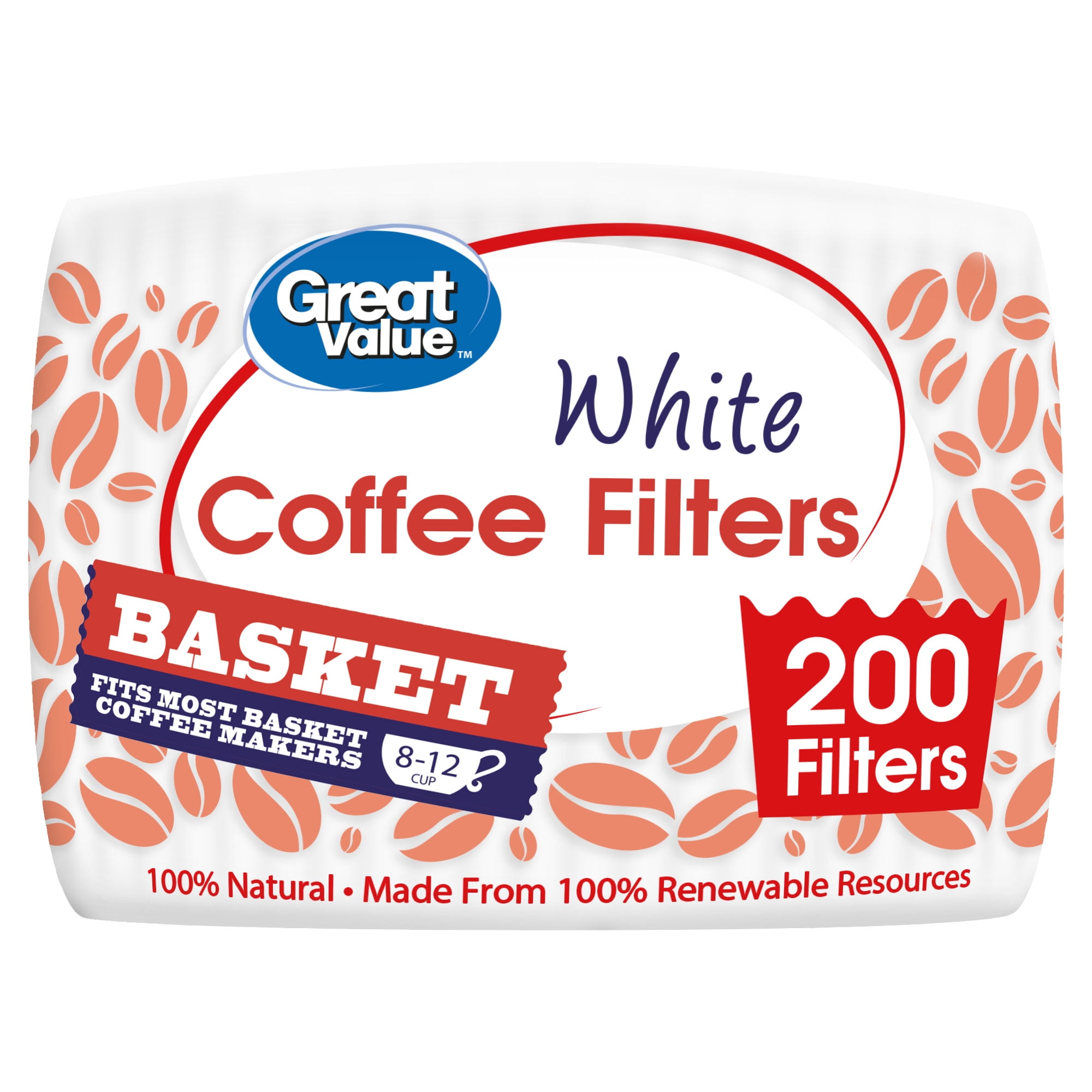 Great Value White Basket Coffee Filters, 200 count
