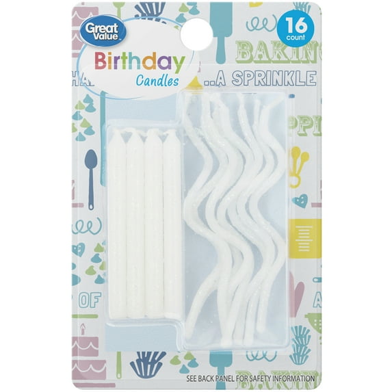 Great Value White Straight & Wavy Birthday Candles, 16 Count