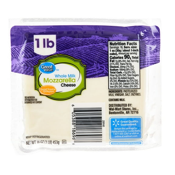 Great Value Whole Milk Mozzarella Cheese, 16 oz