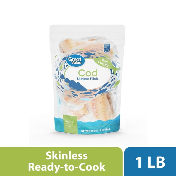 Great Value Wild Caught Skinless Cod Fillets, 1 lb Bag (Frozen)