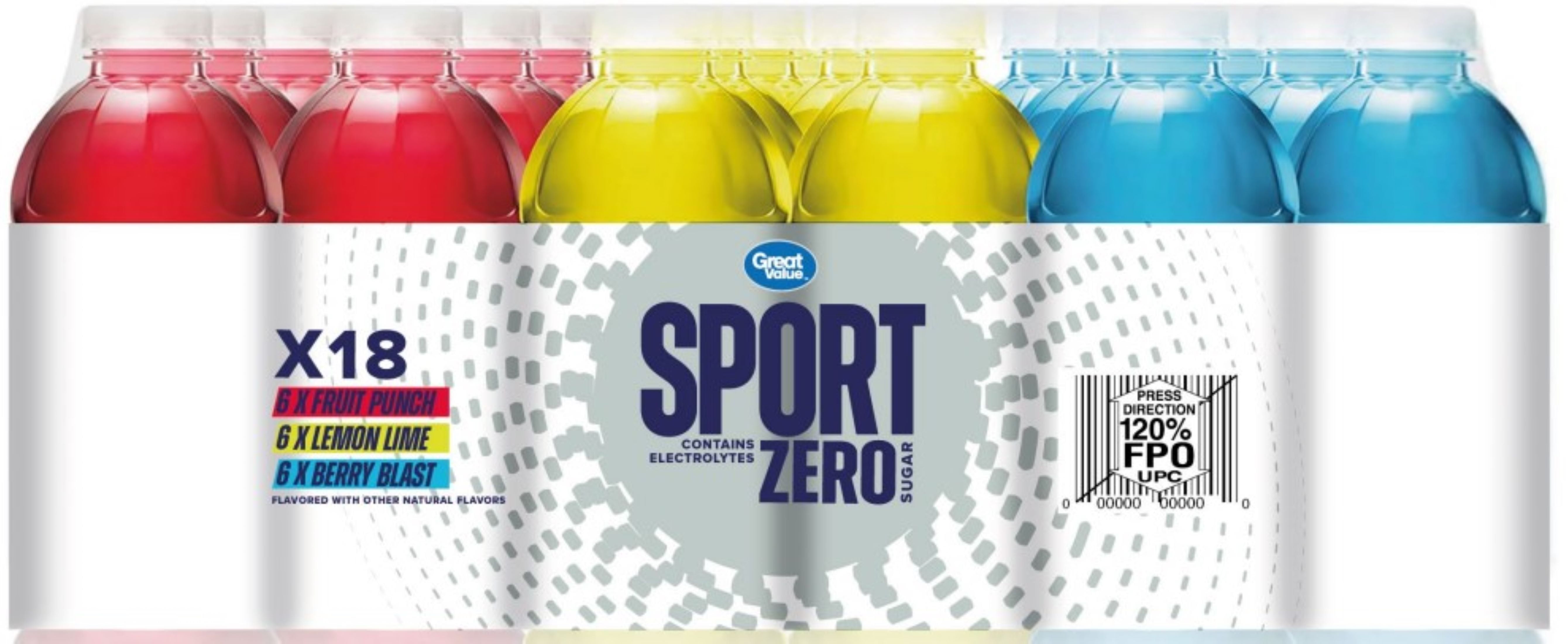 Great Value Zero Sugar Sport Hydration Beverage Variety Pack, Fruit Punch/Lemon Lime/Mixed Berry, 12 fl oz, 18 Bottles