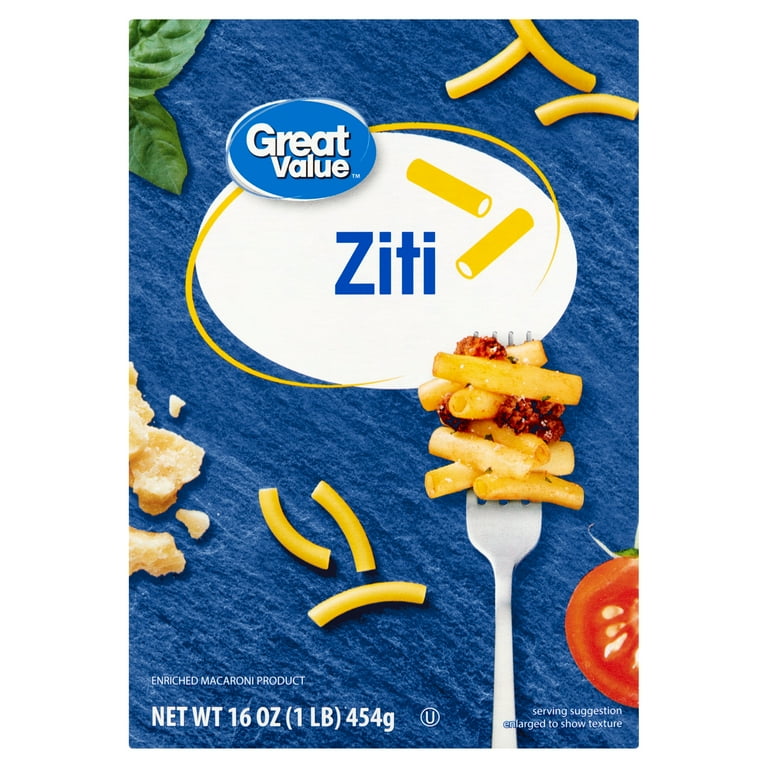 Great Value Ziti Pasta 16 oz with 8 Servings, Tubular Shape